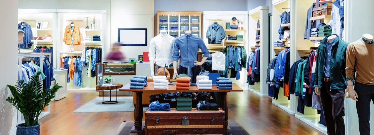 Retail Clothing Store Clothing boutique with folded shirts, stocked wall shelves, and dressed mannequins, a typical setting for retail handle bags