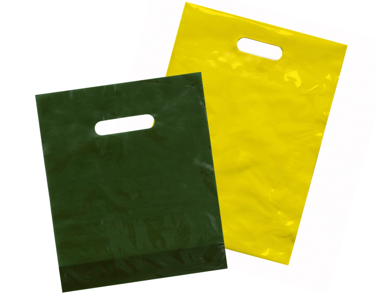 Colored Die Cut Handle Bags Dark green and bright yellow custom die cut handle bags from Custom Poly Packaging, available in multiple colors