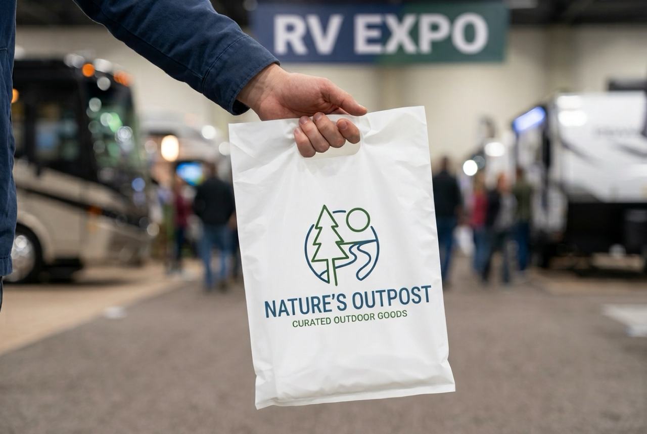 Printed Trade Show Bag Attendee carrying a white die cut handle bag printed with a Nature's Outpost logo at an RV expo trade show