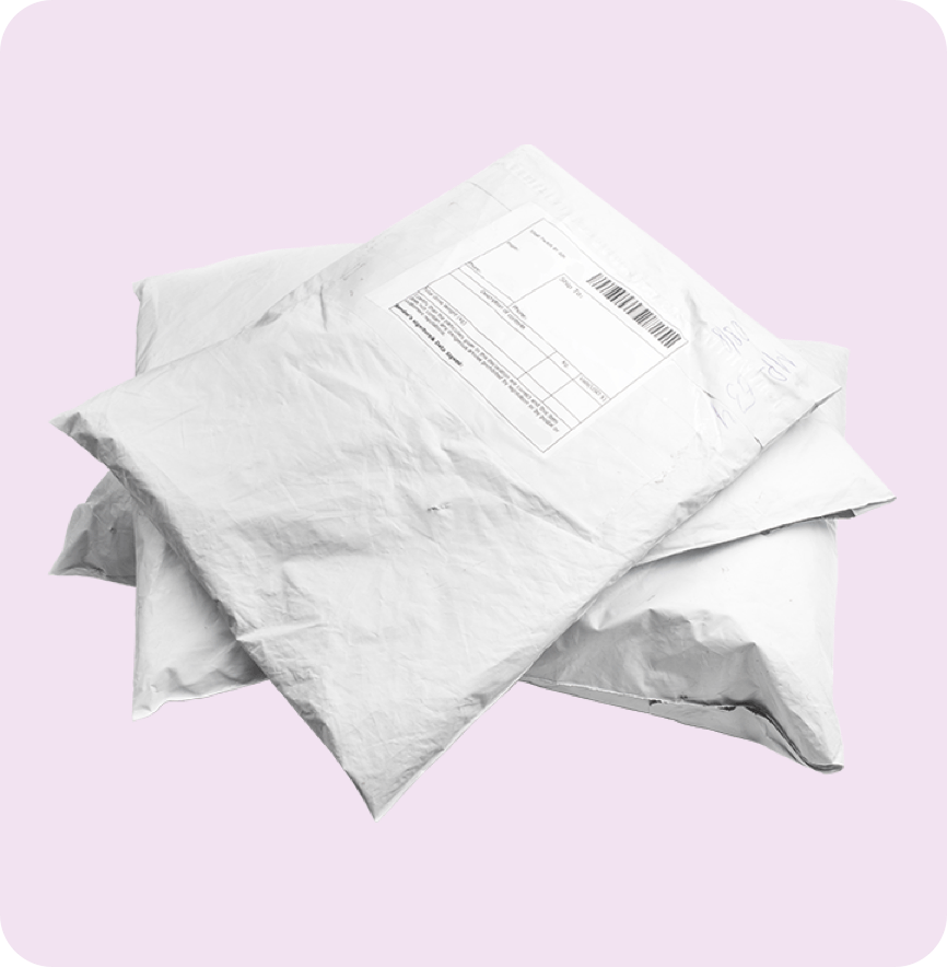 Poly Mailer Bags Pile of three poly mailer bags at Custom Poly Packaging.