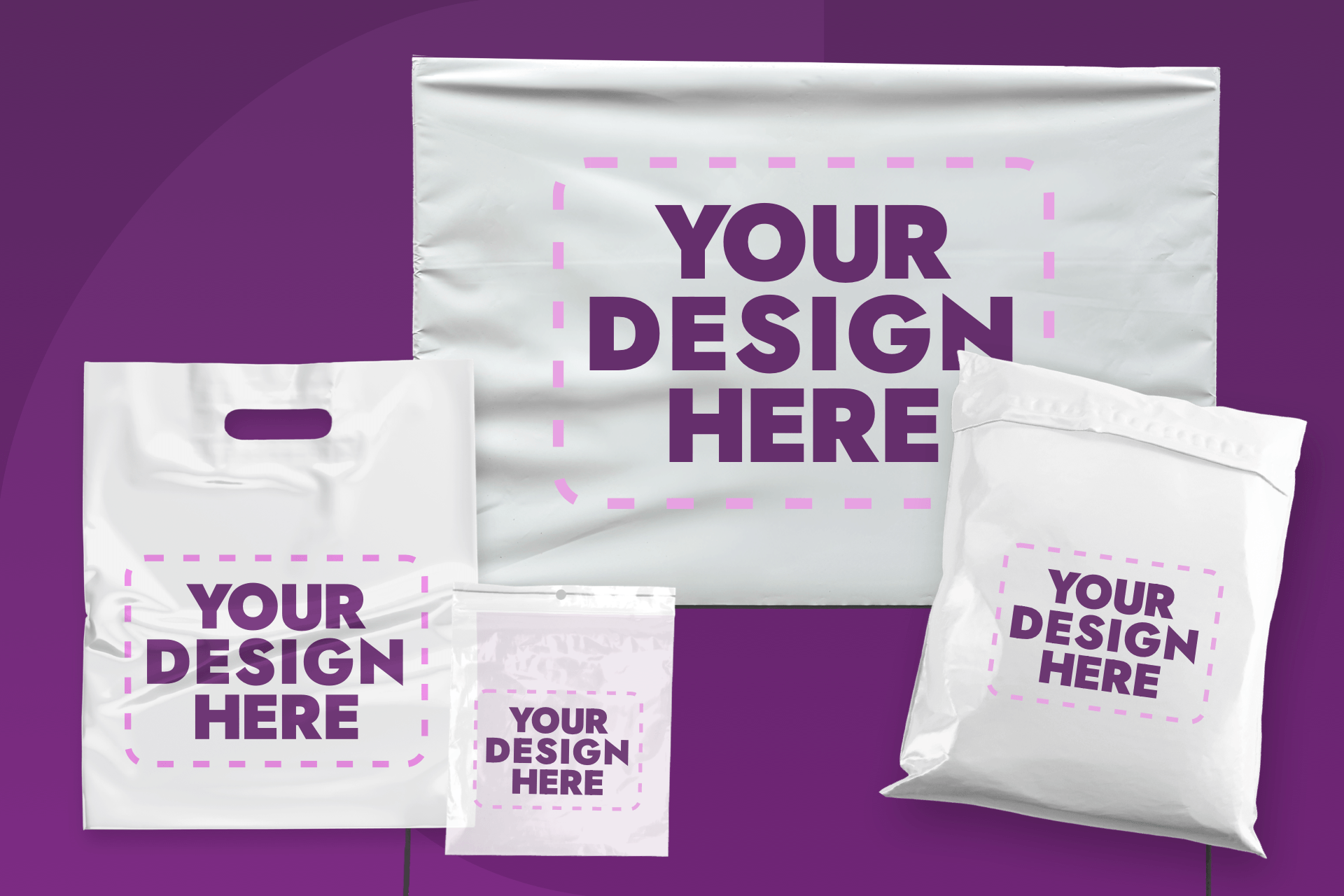 Custom Poly Packaging Custom Poly Packaging yard signs, die-cut handle bags, mailer bags, and zip bags.